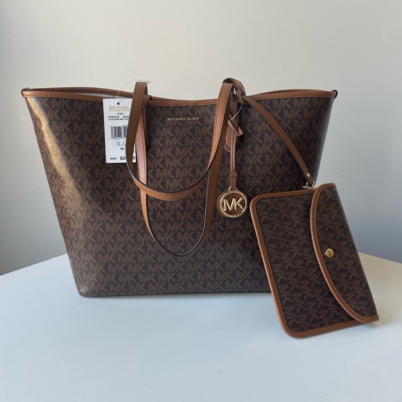 NWT MICHAEL Michael Kors Eliza Large East West Open Snap Tote in Brown Acorn - Picture 2 of 15